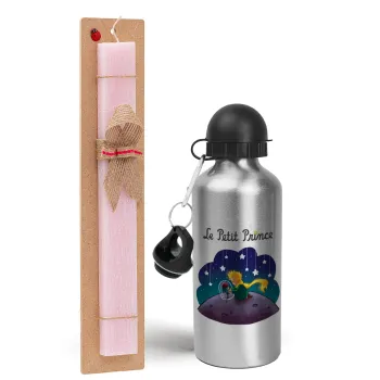 Little prince, Easter Set, metallic Silver aluminum water bottle (500ml) & scented flat Easter candle (30cm) (PINK)