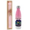 Easter Set, Metallic pink/white (Stainless steel) thermos, double-walled, 500ml & aromatic flat Easter candle (30cm) (PINK)
