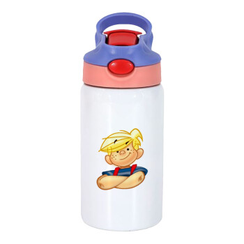 Ντένις ο τρομερός, Children's hot water bottle, stainless steel, with safety straw, pink/purple (350ml)