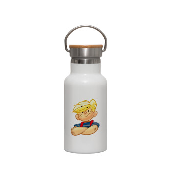 Ντένις ο τρομερός, Μεταλλικό παγούρι θερμός (Stainless steel) Λευκό με ξύλινο καπακι (bamboo), διπλού τοιχώματος, 350ml