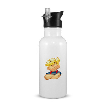 Dennis the Menace, White water bottle with straw, stainless steel 600ml
