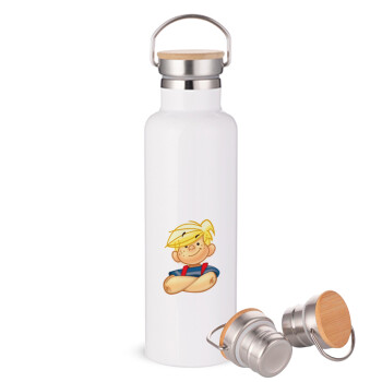 Dennis the Menace, Stainless steel White with wooden lid (bamboo), double wall, 750ml