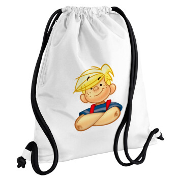 Dennis the Menace, Backpack pouch GYMBAG white, with pocket (40x48cm) & thick cords