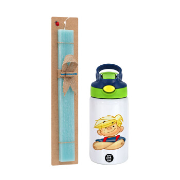 Dennis the Menace, Easter Set, Children's thermal stainless steel bottle with safety straw, green/blue (350ml) & aromatic flat Easter candle (30cm) (TURQUOISE)