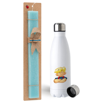 Dennis the Menace, Easter Set, metallic stainless steel water bottle (750ml) & aromatic flat Easter candle (30cm) (TURQUOISE)