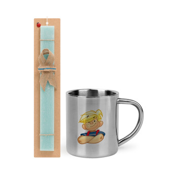 Dennis the Menace, Easter Set, metallic thermal cup (300ml) & aromatic flat Easter candle (30cm) (TURQUOISE)