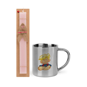 Dennis the Menace, Easter Set, metallic thermal cup (300ml) & aromatic flat Easter candle (30cm) (PINK)