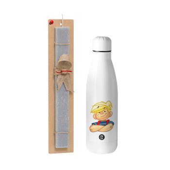 Dennis the Menace, Easter Set, metallic stainless thermos bottle (500ml) & scented flat Easter candle (30cm) (GRAY)