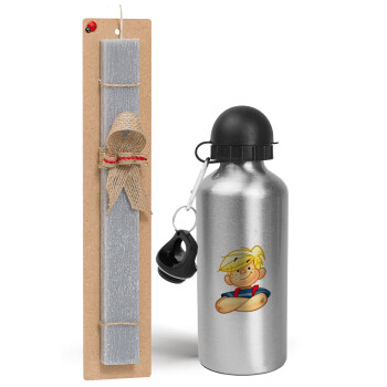 Dennis the Menace, Easter Set, metallic silver aluminum water bottle (500ml) & aromatic flat Easter candle (30cm) (GRAY)
