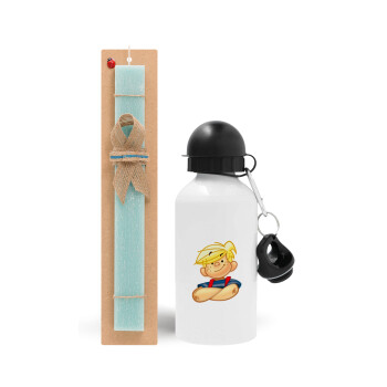 Dennis the Menace, Easter Set, metallic aluminum water bottle (500ml) & scented flat candle (30cm) (TURQUOISE)