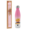 Easter Set, Metallic pink/white (Stainless steel) thermos, double-walled, 500ml & aromatic flat Easter candle (30cm) (PINK)