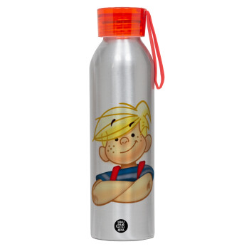 Ντένις ο τρομερός, Αλουμινένιο Αθλητικό Μπουκάλι 650ml – Ασημί με Κόκκινο Καπάκι και Λουράκι Σιλικόνης