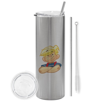 Dennis the Menace, Eco friendly stainless steel Silver tumbler 600ml, with metal straw & cleaning brush