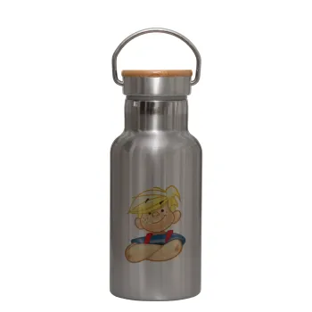 Dennis the Menace, Stainless steel metallic thermos flask, silver with a bamboo lid, double-walled, 350ml.
