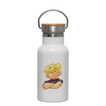 Dennis the Menace, Metallic thermos (Stainless steel) White with wooden lid (bamboo), double-walled, 350ml