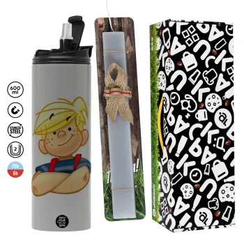 Ντένις ο τρομερός, Πασχαλινή Λαμπάδα με Travel Tumbler θερμό (600ml, BPA free) & κερί αρωματικό πλακέ (30cm) (ΓΚΡΙ)