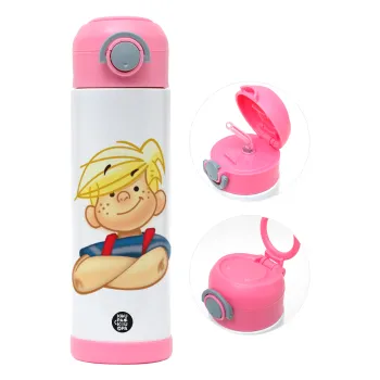 Dennis the Menace, Children's hot water bottle, stainless steel, with safety straw, PINK (500ml)