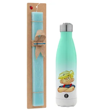 Dennis the Menace, Easter Set, Metallic green/white thermos (Stainless steel), double-walled, 500ml & scented flat Easter candle (30cm) (TURQUOISE)