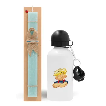 Dennis the Menace, Easter Set, metallic aluminum water bottle (500ml) & scented flat candle (30cm) (TURQUOISE)