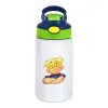 Children's hot water bottle, stainless steel, with safety straw, green, blue (350ml)