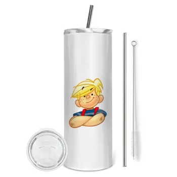 Ντένις ο τρομερός, Tumbler ποτήρι θερμό από ανοξείδωτο ατσάλι 600ml, με μεταλλικό καλαμάκι & βούρτσα καθαρισμού