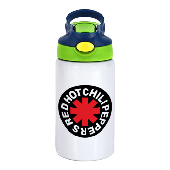 Red Hot Chili Peppers, Children's hot water bottle, stainless steel, with safety straw, green, blue (350ml)