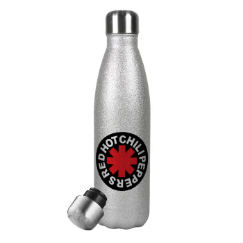 Red Hot Chili Peppers, Μεταλλικό παγούρι θερμός Glitter Aσημένιο (Stainless steel), διπλού τοιχώματος, 500ml