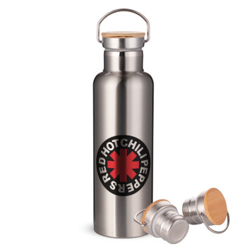 Red Hot Chili Peppers, Μεταλλικό παγούρι θερμός (Stainless steel) Ασημένιο με ξύλινο καπακι (bamboo), διπλού τοιχώματος, 750ml