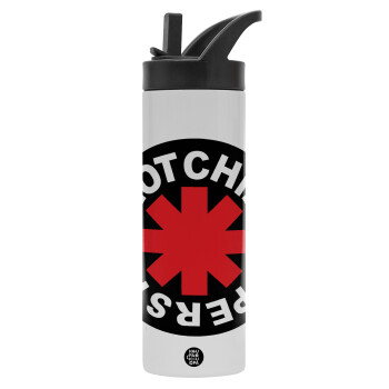 Red Hot Chili Peppers, Metallic thermos bottle with straw & handle, stainless steel (Stainless steel 304), double-walled, 600ml.