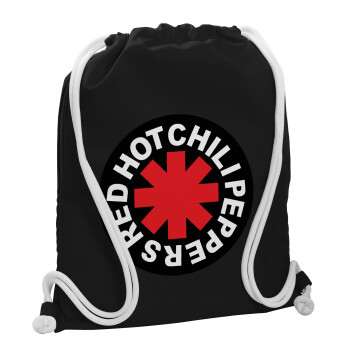 Red Hot Chili Peppers, Τσάντα πλάτης πουγκί GYMBAG Μαύρη, με τσέπη (40x48cm) & χονδρά λευκά κορδόνια