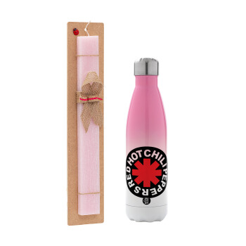 Red Hot Chili Peppers, Easter Set, Metallic pink/white (Stainless steel) thermos, double-walled, 500ml & aromatic flat Easter candle (30cm) (PINK)