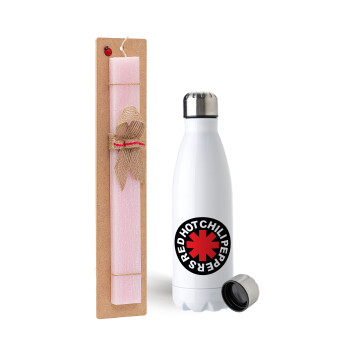 Red Hot Chili Peppers, Easter Set, metallic stainless steel water bottle (750ml) & scented flat Easter candle (30cm) (PINK)
