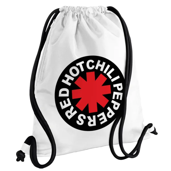 Red Hot Chili Peppers — Τσάντα πλάτης πουγκί GYMBAG λευκή, με τσέπη (40x48cm) & χονδρά κορδόνια
