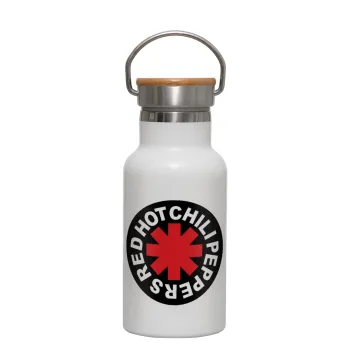 Red Hot Chili Peppers, Metallic thermos (Stainless steel) White with wooden lid (bamboo), double-walled, 350ml
