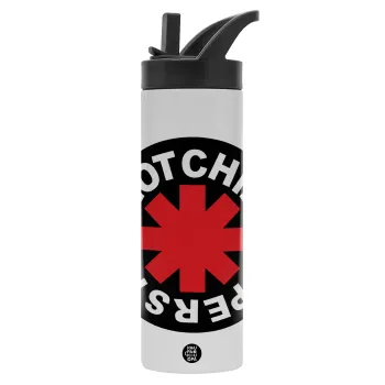 Red Hot Chili Peppers, Metallic thermos bottle with straw & handle, stainless steel (Stainless steel 304), double-walled, 600ml.