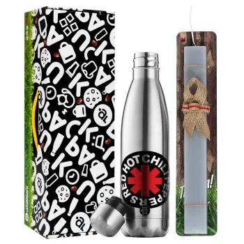 Red Hot Chili Peppers, Easter Set, metallic stainless thermos flask (500ml) & scented flat Easter candle (30cm) (GRAY)