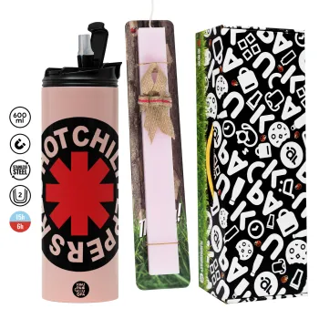 Red Hot Chili Peppers, Easter candle,Travel Tumbler 2 Lids, with metal straw & cleaning brush & aromatic flat candle (30cm) (PINK)