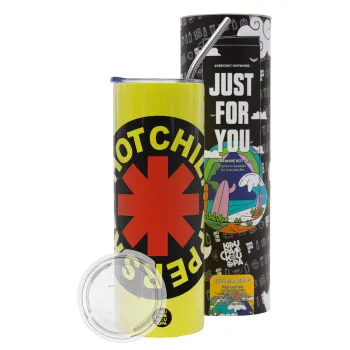 Red Hot Chili Peppers, Neon Yellow Travel Tumbler θερμό, μεταλλικό καλαμάκι(Ανωξείδωτο 304 Food grade, BPA free, 600ml)
