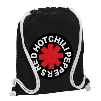 Red Hot Chili Peppers, Τσάντα πλάτης πουγκί GYMBAG Μαύρη, με τσέπη (40x48cm) & χονδρά λευκά κορδόνια