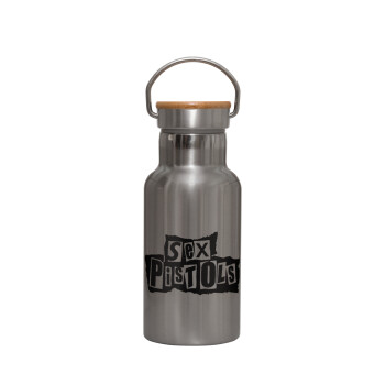 Sex Pistols, Μεταλλικό παγούρι θερμός (Stainless steel) Ασημένιο με ξύλινο καπακι (bamboo), διπλού τοιχώματος, 350ml