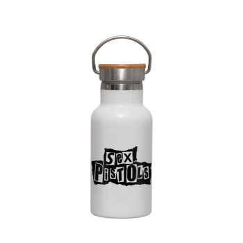 Sex Pistols, Metallic thermos (Stainless steel) White with wooden lid (bamboo), double-walled, 350ml