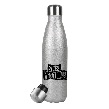 Sex Pistols, Μεταλλικό παγούρι θερμός Glitter Aσημένιο (Stainless steel), διπλού τοιχώματος, 500ml