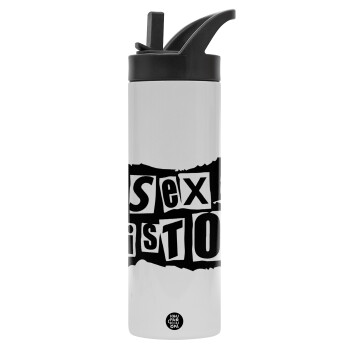 Sex Pistols, Μεταλλικό παγούρι θερμός με καλαμάκι & χειρολαβή, ανοξείδωτο ατσάλι (Stainless steel 304), διπλού τοιχώματος, 600ml