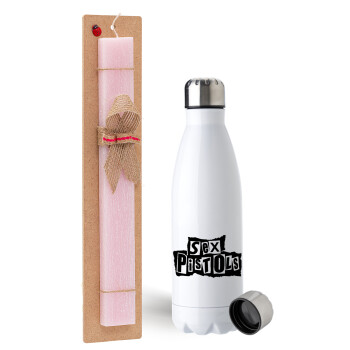 Sex Pistols, Easter Set, metallic stainless steel water bottle (750ml) & scented flat Easter candle (30cm) (PINK)