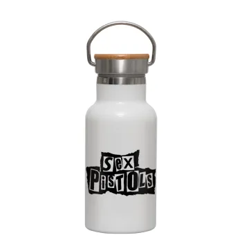 Sex Pistols, Metallic thermos (Stainless steel) White with wooden lid (bamboo), double-walled, 350ml