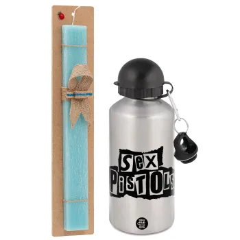 Sex Pistols, Easter Set, metallic silver aluminum water bottle (500ml) & scented flat Easter candle (30cm) (TURQUOISE)