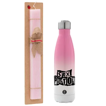 Sex Pistols, Easter Set, Metallic pink/white (Stainless steel) thermos, double-walled, 500ml & aromatic flat Easter candle (30cm) (PINK)
