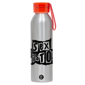 Sex Pistols, Αλουμινένιο Αθλητικό Μπουκάλι 650ml – Ασημί με Κόκκινο Καπάκι και Λουράκι Σιλικόνης