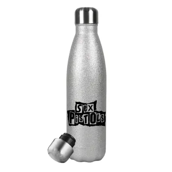 Sex Pistols, Μεταλλικό παγούρι θερμός Glitter Aσημένιο (Stainless steel), διπλού τοιχώματος, 500ml