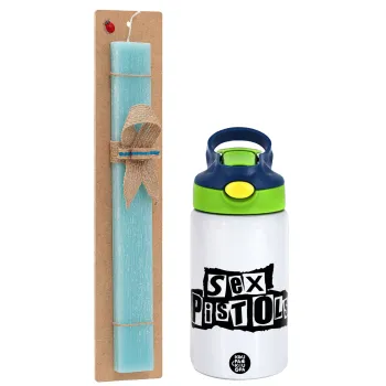 Sex Pistols, Easter Set, Children's thermal stainless steel bottle with safety straw, green/blue (350ml) & aromatic flat Easter candle (30cm) (TURQUOISE)